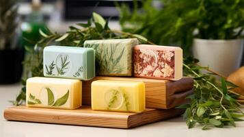 AI generated Variety of Artisanal Soaps Displayed on Wood photo