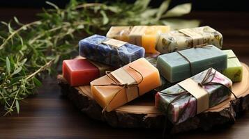 AI generated Variety of Artisanal Soaps Displayed on Wood photo