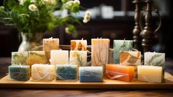 AI generated Variety of Artisanal Soaps Displayed on Wood photo