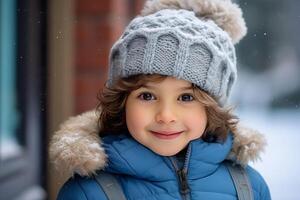 ai generado adorable niño en azul invierno ropa deleitando en atrapando copos de nieve al aire libre durante un Nevado día foto