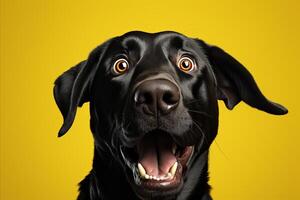 AI generated Astounded dog reacting with amazement, standing gracefully on sunny yellow background photo