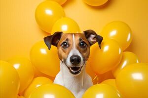 AI generated Surprised dog looking amazed and impressed, standing against vibrant yellow background photo