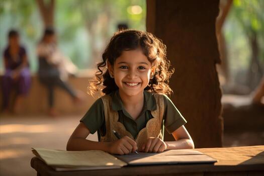 AI Generated Happy Teenage Girl Enjoying the Process of Learning with Colorful Notebooks and a Variety of Books photo