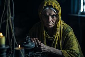 AI Generated Mysterious old witch conjures enchantment, illuminating ancient manor with magic candles photo