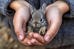 ai generado niño sostiene adorable conejito en granja, ilustrando el práctica de Conejo cría foto