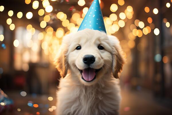 Puppy with birthday hat discount