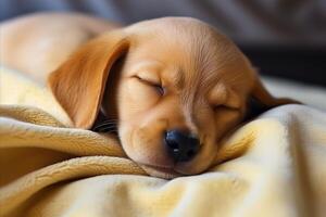 AI generated Sleeping puppy under cozy blanket on bed - detailed top view image for pet lovers photo