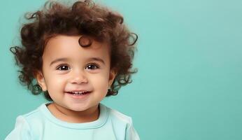 AI generated Cheerful young boy in vibrant blue outfit smiling and laughing against solid background photo