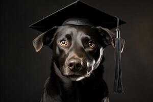 AI generated Adorable dog with hilarious expression wearing graduation hat on white background, detailed photo