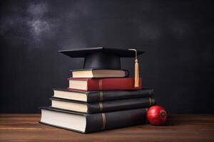 AI generated Three academic books and graduation cap on dark background table, educational concept studio shot photo