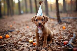 ai generado adorable perrito celebrando con un vistoso cumpleaños sombrero y festivo papel picado antecedentes foto