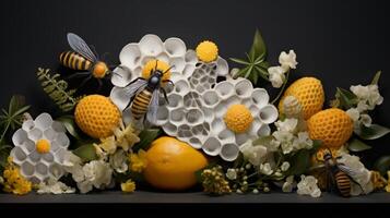 AI generated Bees Buzzing Around Fresh Lemons and Flowers photo