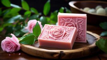 AI generated Elegant Rose Soaps Displayed with Fresh Rose photo