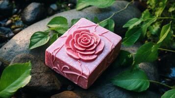 AI generated Elegant Rose Soaps Displayed with Fresh Rose photo