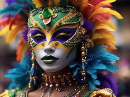 ai generado mardi gras máscara traje, tradicional carnaval diseño. generativo ai foto