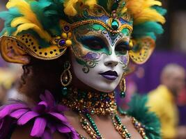 ai generado mardi gras máscara traje, tradicional carnaval diseño. generativo ai foto