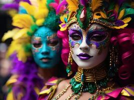 ai generado mardi gras máscara traje, tradicional carnaval diseño. generativo ai foto