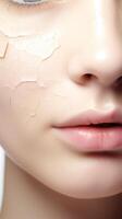 AI generated close up portrait of young woman cracked skin face, beauty concept photo