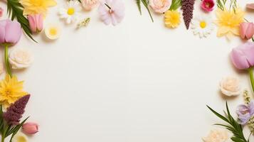 AI generated assortment of spring flowers on pale background photo