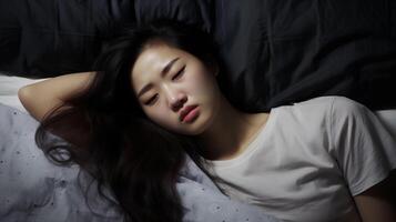 ai generado asiático mujer en cama experimentando dolor de cabeza foto