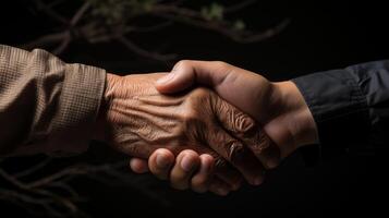 AI generated close up of handshake of grandfather and son photo