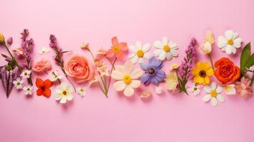 AI generated assortment of spring flowers on pale pink background photo