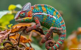 AI generated Colorful Chameleon on Green Branch photo