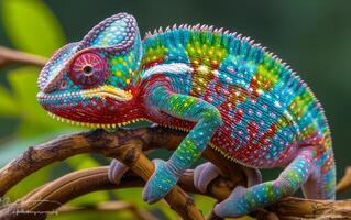 AI generated Colorful Chameleon on Green Branch photo