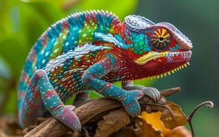 AI generated Colorful Chameleon on Green Branch photo