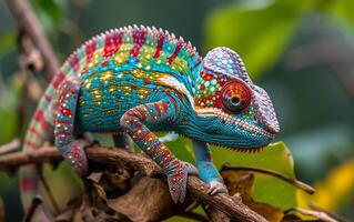 AI generated Colorful Chameleon on Green Branch photo