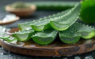 AI generated Fresh Aloe Vera Leaves on Wooden Board photo