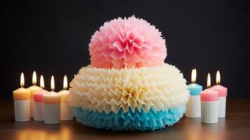 AI generated Colorful Birthday Cake with Candles and Decorations photo