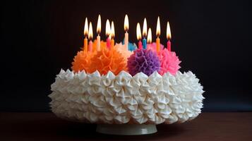 AI generated Colorful Birthday Cake with Candles and Decorations photo