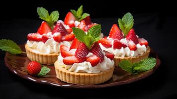 AI generated Strawberry Tarts with Cream and Mint photo