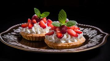 AI generated Strawberry Tarts with Cream and Mint photo