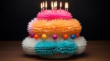 AI generated Colorful Birthday Cake with Candles and Decorations photo