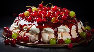 AI generated Pavlova Cake with Redcurrants and Mint photo