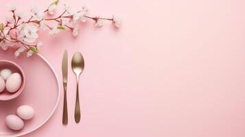 AI generated Easter Celebration With Pink Theme, Eggs, Flowers photo