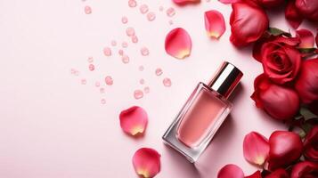 AI generated Perfume Bottle Amidst Beautiful Red Roses photo