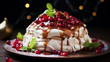 AI generated Pavlova Cake with Redcurrants and Mint photo