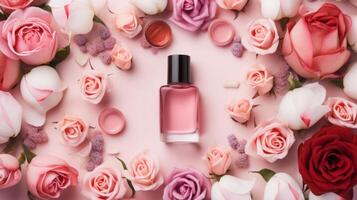 ai generado perfume botella en medio de hermosa rojo rosas foto