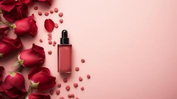 AI generated Perfume Bottle Amidst Beautiful Red Roses photo