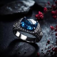 ai generado un foto de un anillo con un azul anillo ojo ese fuertemente simboliza lujo
