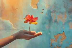 AI generated hand holding orange flower for world enviroment day illustration photo