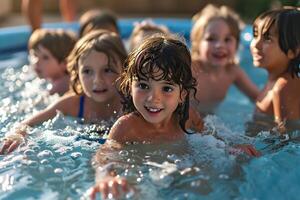 ai generado grupo de niños jugando en nadando piscina foto