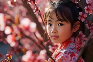 ai generado joven niña vistiendo kimono con sakura flor foto