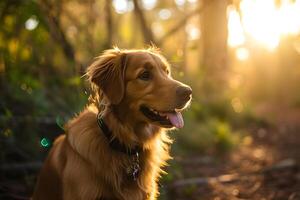 AI generated golden retriever sitting in park with sunlight from the side photo