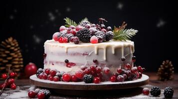 AI generated Christmas cake with berries and fir tree photo