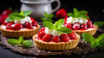 AI generated Strawberry Tarts with Cream and Mint photo