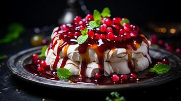 AI generated Pavlova Cake with Redcurrants and Mint photo
